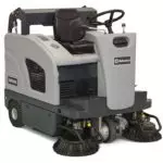 Advance SW4000 ride-on sweeper, side angled view.