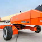 Back angle of JLG 1850SJ telescopic boom lift, lowered.