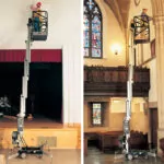 JLG 25AM vertical mast lifts being used for indoor building maintenance.