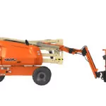 Side of JLG 450AJ Articulating Boom Lift with lift lowered.