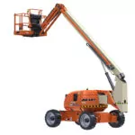 Back angle of JLG 600AJ articulating boom lift, platform raised.
