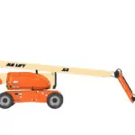 Side of JLG 800AJ articulating boom lift with platform lowered.
