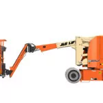 Side of JLG E300AJP boom lift with platform lowered.