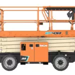 stowed JLG ERT4069 electric rough terrain scissor lift.