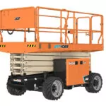 Side angle of JLG ERT4069 electric rough terrain scissor lift, lowered.