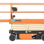 JLG ES2632 electric scissor lift lowered with extended platform.