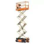 Side angle of extended JLG ES2632 electric scissor lift.