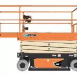 Lowered JLG ES2646 electric scissor lift with extended platform.