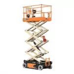 Side angle of JLG ES2646 electric scissor lift, platform raised.