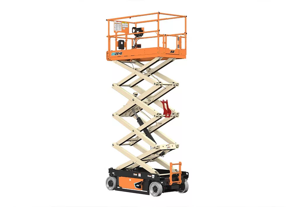 Side angle of JLG ES2646 electric scissor lift, platform raised.