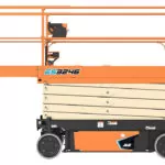 Electric JLG ES3246 scissor lift, lowered with extended platform.