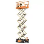 Side angle of raised JLG ES3246 scissor lift.