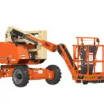 Front angle of JLG H340AJ Hybrid boom lift, platform lowered.