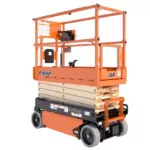 Side angle of JLG R1932 Electric Scissor Lift, stowed.
