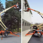 JLG T350 Tow-Pro boom lifts extended outdoors.
