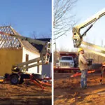 JLG T500J Boom Lifts raising workers at outdoor building construction site.