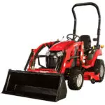 Mahindra eMax20S HST sub-compact tractor with bucket attachment.