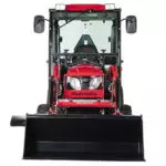 front of Mahindra eMax 25L sub-compact tractor with bucket.