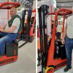 Man sitting in Mariotti Mini AC 6 forklift, and standing beside Mini AC 6 forklift for size comparison.