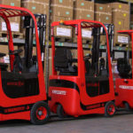 Mariotti MYCROS AC Series Forklifts lined up indoors.