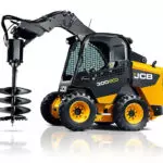 JCB 300 wheeled skid steer side view with special attachment.