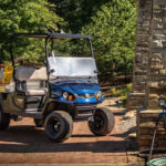 Cushman Hauler Pro-X utility vehicle with ladder on pathway.