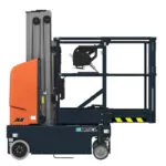 Side of JLG E18MCL drive-able vertical mast lift, lowered.