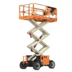 Raised JLG ERT2669 electric rough terrain scissor lift.