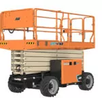 Side angle of JLG ERT4769 electric scissor lift, lowered.