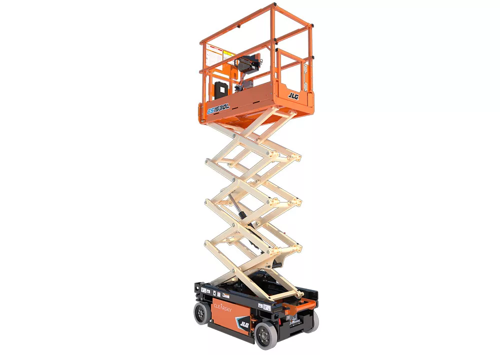 Side angle of raised JLG ES1530L electric scissor lift.