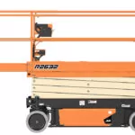 JLG R2632 stowed electric scissor lift with extended platform.