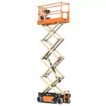 Raised JLG R2632 electric scissor lift.