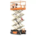 Raised JLG R2646 electric scissor lift.