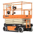 Side angle of stowed electric JLG R2646 scissor lift.