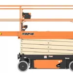 JLG R3246 electric scissor lift, stowed with extended platform.