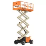 Raised JLG RT3369 rough terrain scissor lift.