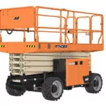Side angle of stowed JLG RT4069 rough terrain scissor lift.