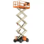 Raised JLG RT4069 rough terrain scissor lift.