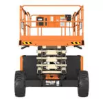 Side of JLG RT4394 stowed rough terrain scissor lift.
