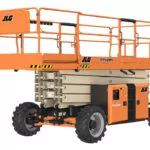 Side angle of stowed JLG RT4394 rough terrain scissor lift with extended platform.
