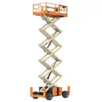 Raised JLG RT5394 rough terrain scissor lift.