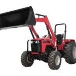 Mahindra 4550 4WD Tractor with raised bucket loader attachment.