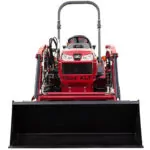 Front of Mahindra MAX 26 XLT HST tractor with bucket attachment.