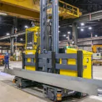 Combilift COMBI-AGT autonomous guided forklift transporting long pieces of steel.