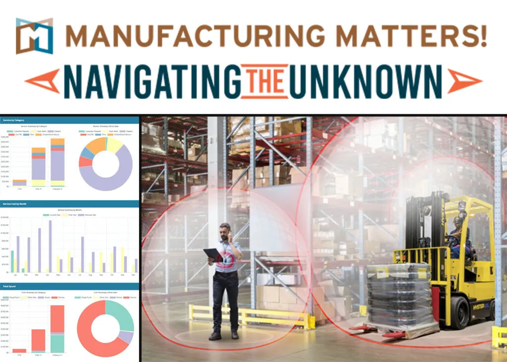 Smart Fleet data, Hyster Reaction technology, and text "Manufacturing Matters! Navigating the Unknown."
