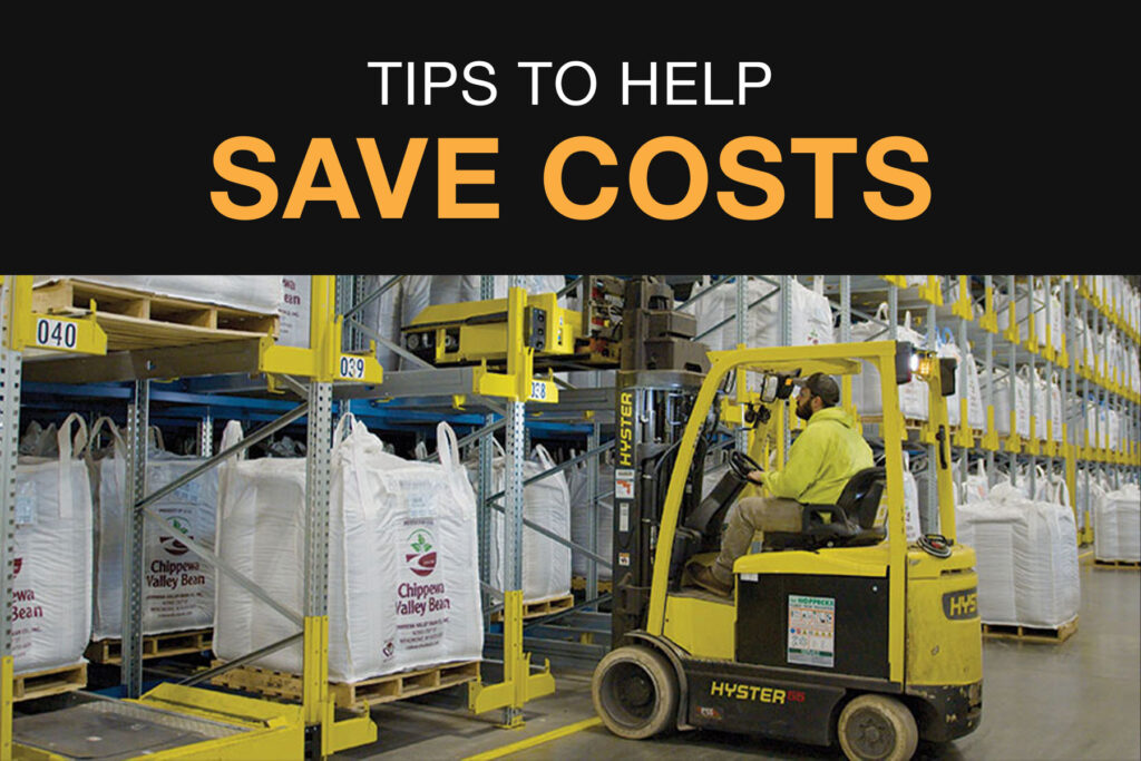 Hyster forklift lifting Pallet Shuttle off rack. Text: "Tips to help save costs".
