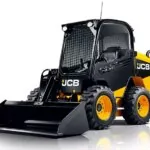 JCB wheeled skid steer loader with bucket.
