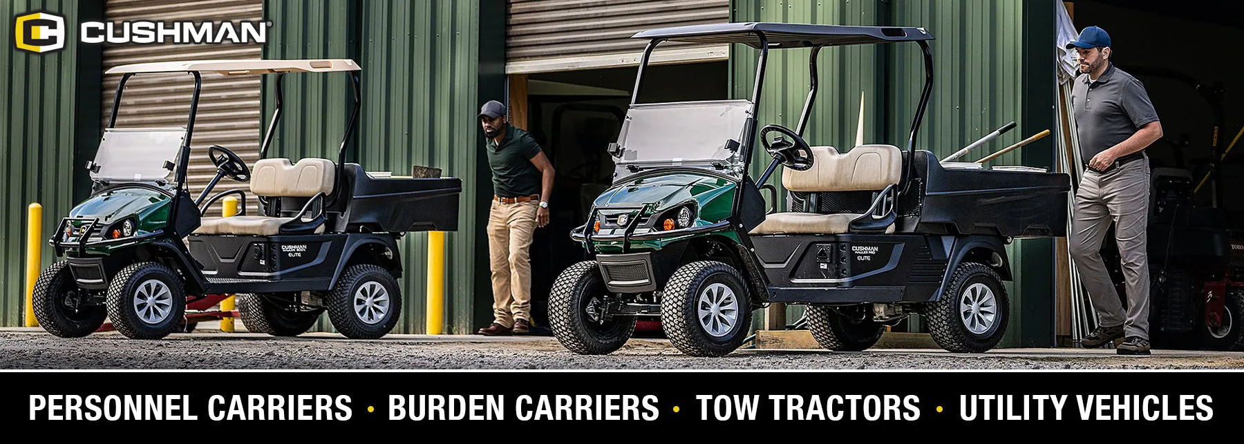 Cushman utility vehicles: Personnel Carriers, Burden Carriers, Tow Tractors, and Utility Vehicles.