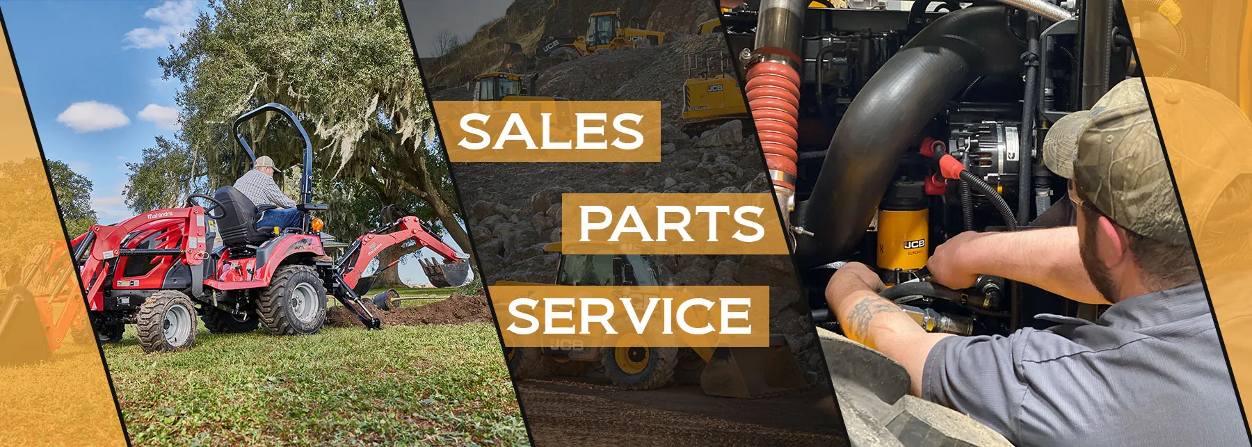Worker riding Mahindra Tractor. Technician repairing JCB truck. "Sales / Parts / Service"
