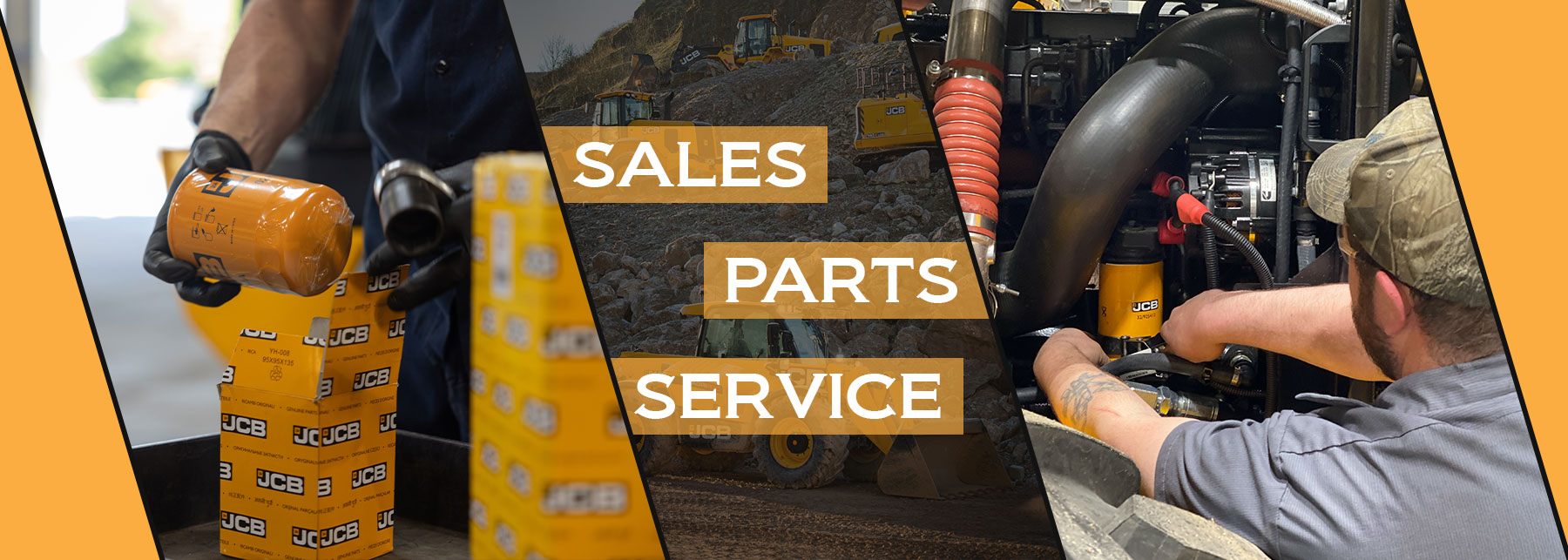 JCB parts. Technician repairing JCB truck. "Sales, Parts, Service".